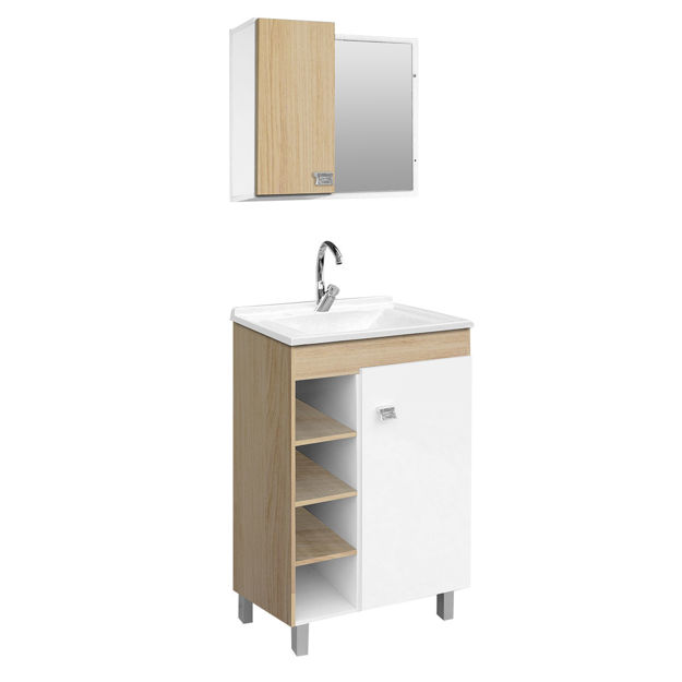 Imagen de Mueble de baño de pie Sophia Roble 60cm bacha de resina natural y espejo con botiquín
