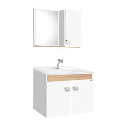 Imagen de Mueble de baño suspendido Roble 56 cm con bacha de marmolina, espejo y botiquín