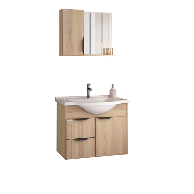 Imagen de Mueble de baño suspendido Crystal  Roble 56 cm Bacha de resina natural y espejo con botiquín