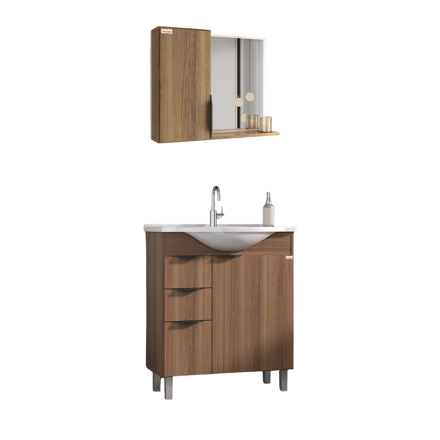 Imagen de Mueble de baño de pie Crystal Nogal 72 cm con Bacha de resina y espejo con botiquín
