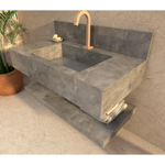 Imagen de Mueble de baño suspendido de porcelanato gris 84 cm con bacha incorporada y estante flotante