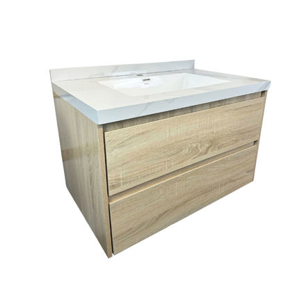 Imagen de Mueble de baño suspendido Vip Oak 80cm mesada porcelanato calacata con Bacha de Loza