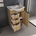 Imagen de Mueble de baño de pie Crystal Roble 56 cm con Bacha de resina natural y espejo botiquín