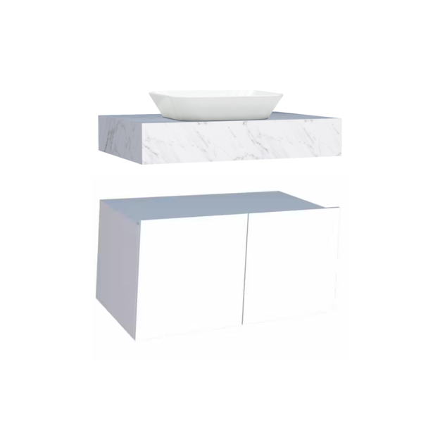 Imagen de Mueble de baño suspendido Bliss blanco 80 cm con Mesada en porcelanato blanco marmolado sin bacha